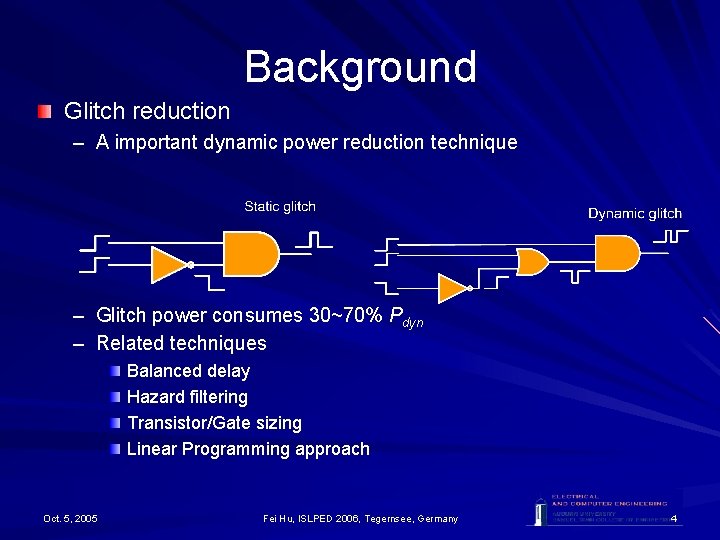 Background Glitch reduction – A important dynamic power reduction technique – Glitch power consumes Background Glitch reduction – A important dynamic power reduction technique – Glitch power consumes