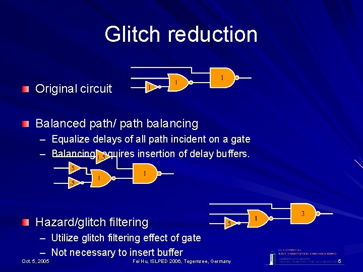 Glitch reduction Original circuit Balanced path/ path balancing – Equalize delays of all path Glitch reduction Original circuit Balanced path/ path balancing – Equalize delays of all path