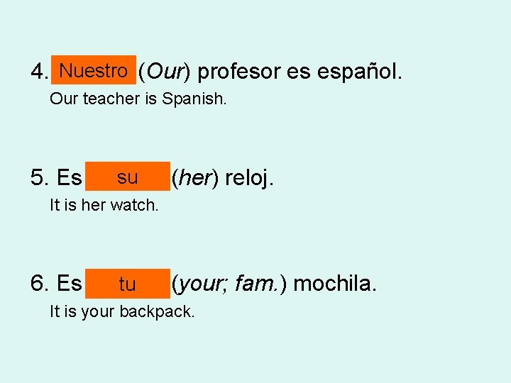 Nuestro (Our) profesor es español. 4. ______ Our teacher is Spanish. su 5. Es