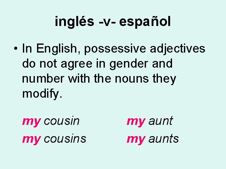 inglés -v- español • In English, possessive adjectives do not agree in gender and
