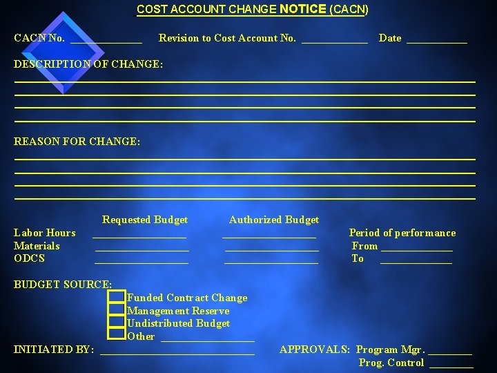 COST ACCOUNT CHANGE NOTICE (CACN) CACN No. _______ Revision to Cost Account No. ______