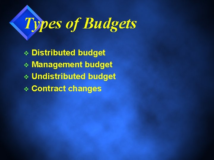 Types of Budgets Distributed budget v Management budget v Undistributed budget v Contract changes