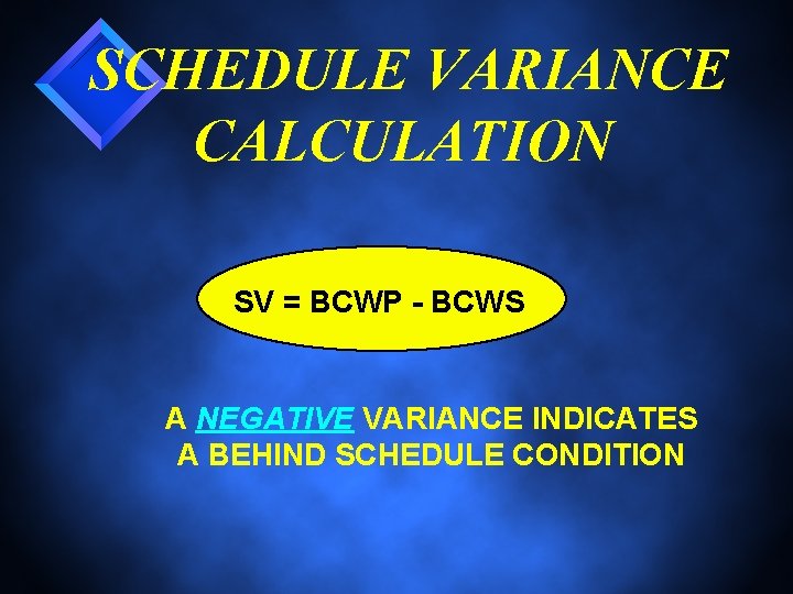 SCHEDULE VARIANCE CALCULATION SV = BCWP - BCWS A NEGATIVE VARIANCE INDICATES A BEHIND