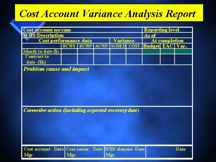 Cost Account Variance Analysis Report Cost account no/cam WBS/Description Cost performance data BCWS Variance