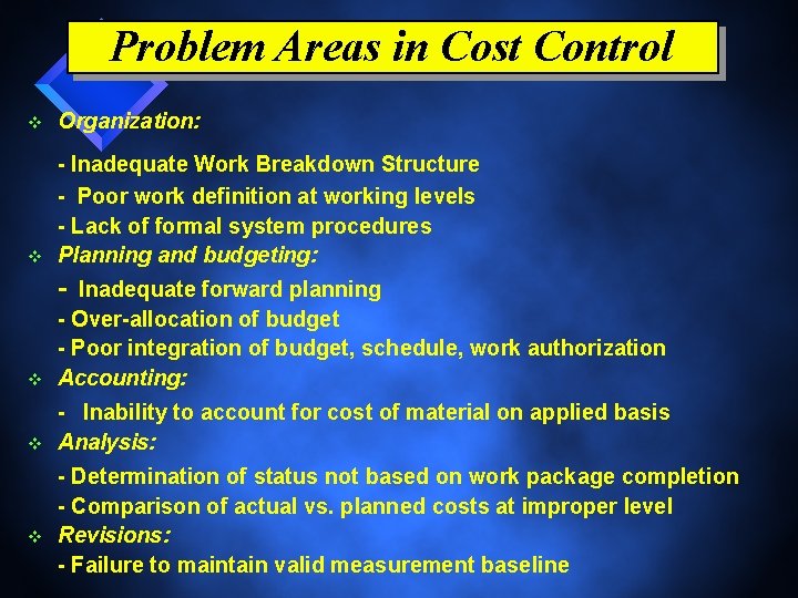 Problem Areas in Cost Control v Organization: v - Inadequate Work Breakdown Structure -