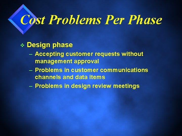 Cost Problems Per Phase v Design phase – Accepting customer requests without management approval