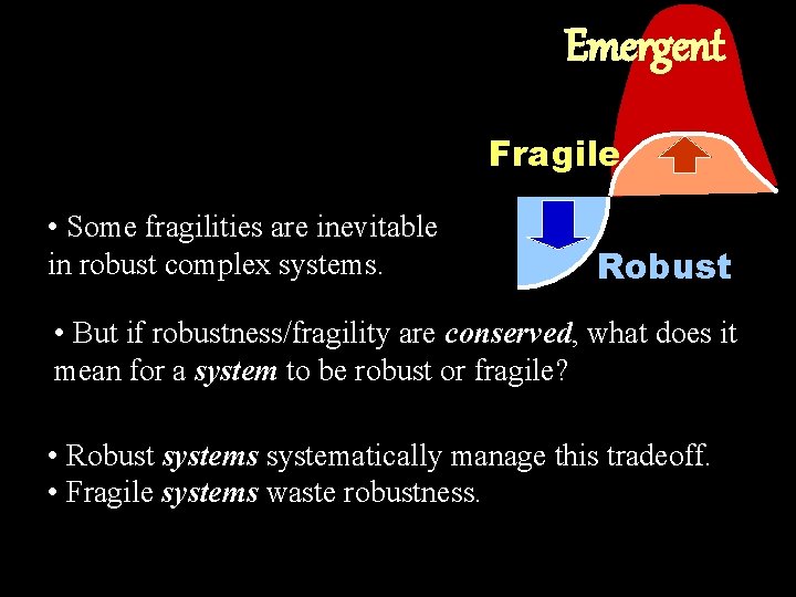 Emergent Fragile • Some fragilities are inevitable in robust complex systems. Robust • But