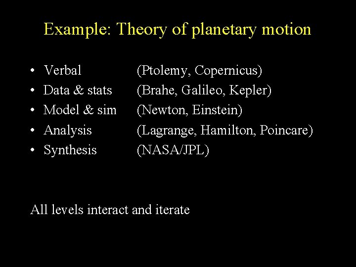 Example: Theory of planetary motion • • • Verbal Data & stats Model &