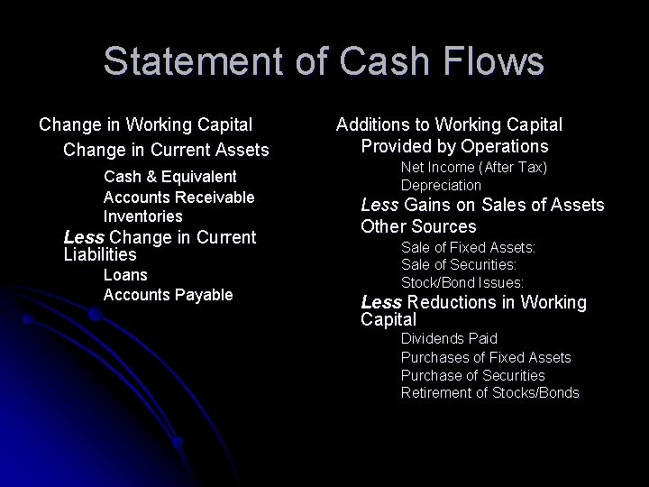 Statement of Cash Flows Change in Working Capital Change in Current Assets Cash &