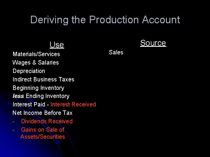Deriving the Production Account Source Use Materials/Services Wages & Salaries Depreciation Indirect Business Taxes