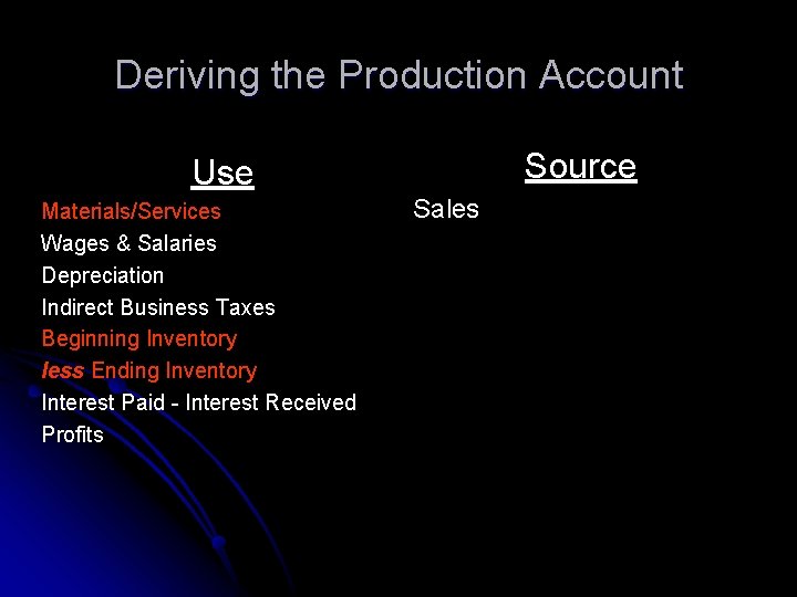 Deriving the Production Account Source Use Materials/Services Wages & Salaries Depreciation Indirect Business Taxes