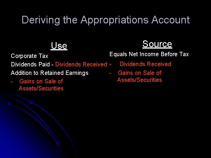 Deriving the Appropriations Account Use Source Equals Net Income Before Tax Corporate Tax Dividends