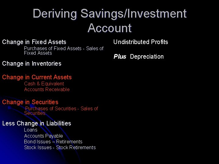 Deriving Savings/Investment Account Change in Fixed Assets Purchases of Fixed Assets - Sales of