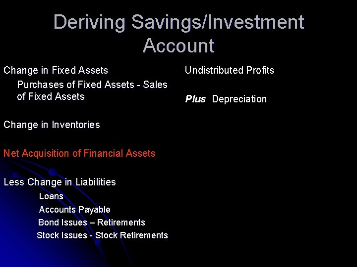 Deriving Savings/Investment Account Change in Fixed Assets Purchases of Fixed Assets - Sales of