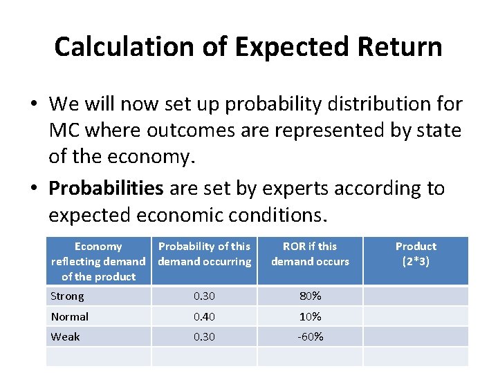 Calculation of Expected Return • We will now set up probability distribution for MC