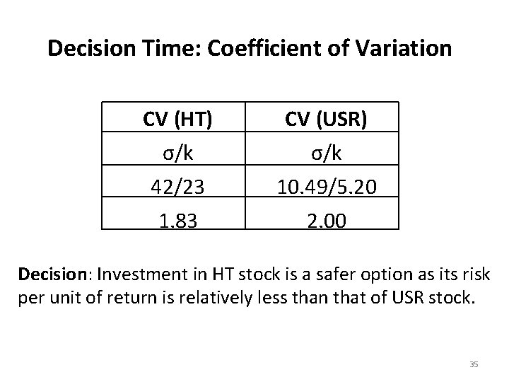 Decision Time: Coefficient of Variation CV (HT) σ/k 42/23 1. 83 CV (USR) σ/k