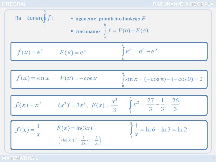 INTEGRAL RAČUNANJE INTEGRALA § ‘uganemo’ primitivno funkcijo F § izračunamo MATEMATIKA 2 6 