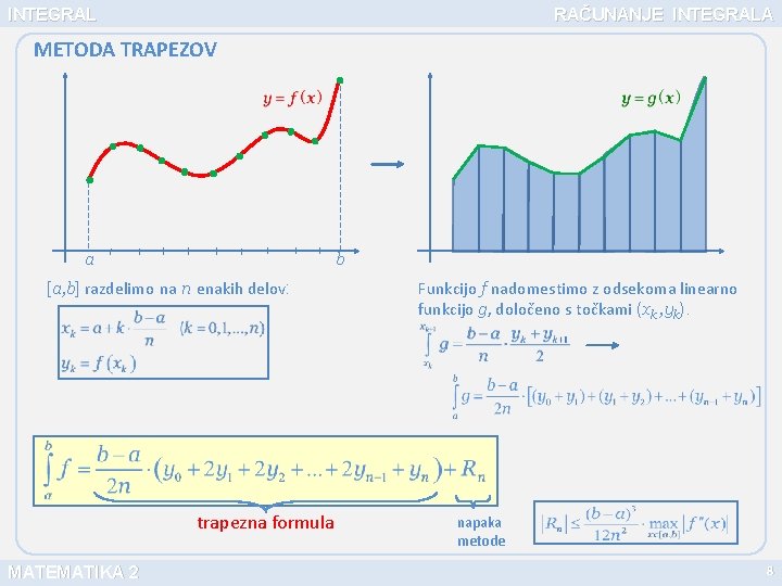 INTEGRAL RAČUNANJE INTEGRALA METODA TRAPEZOV a b [a, b] razdelimo na n enakih delov: