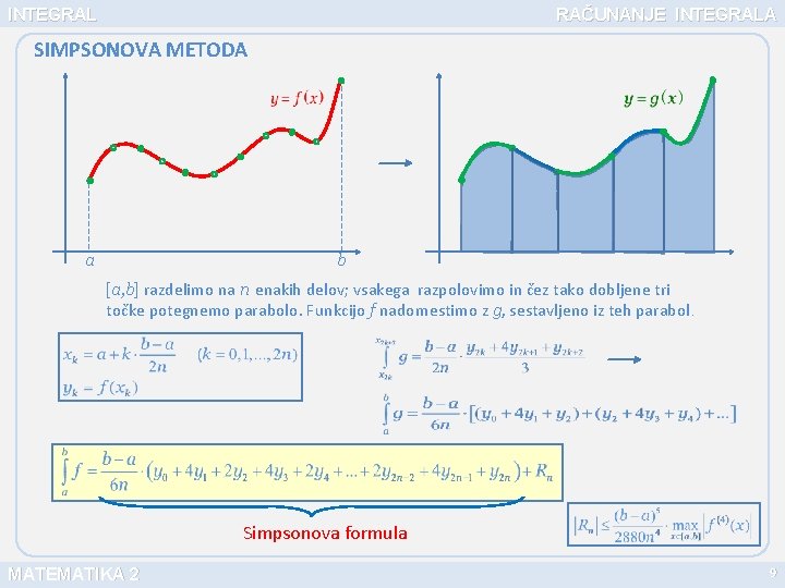 INTEGRAL RAČUNANJE INTEGRALA SIMPSONOVA METODA a b [a, b] razdelimo na n enakih delov;