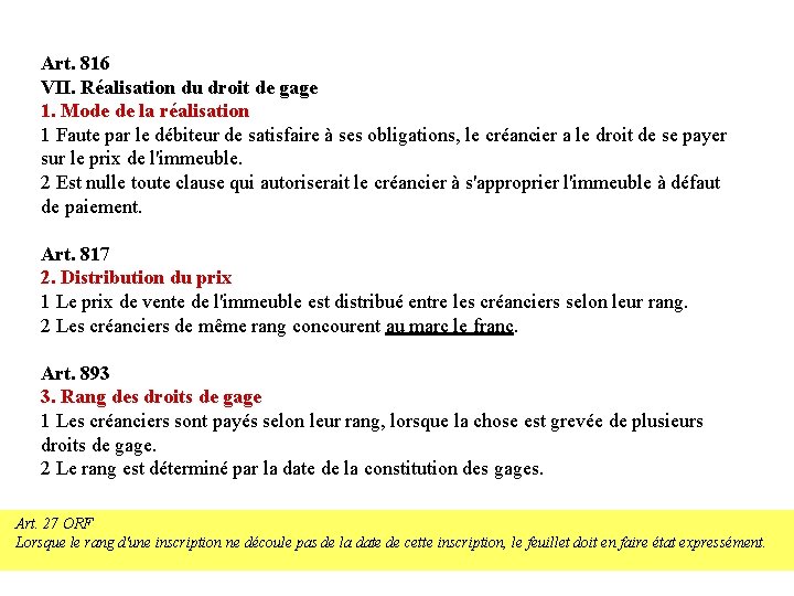 Art. 816 VII. Réalisation du droit de gage 1. Mode de la réalisation 1