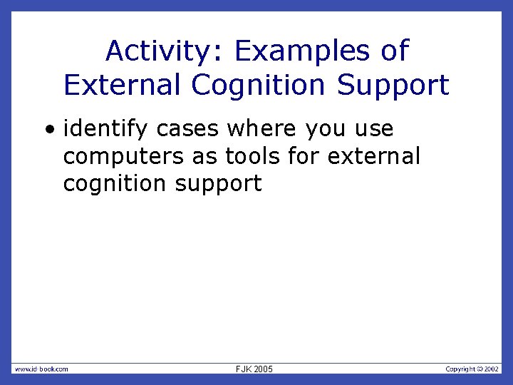 Activity: Examples of External Cognition Support • identify cases where you use computers as