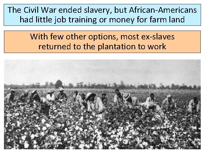 The Civil War ended slavery, but African-Americans had little job training or money for