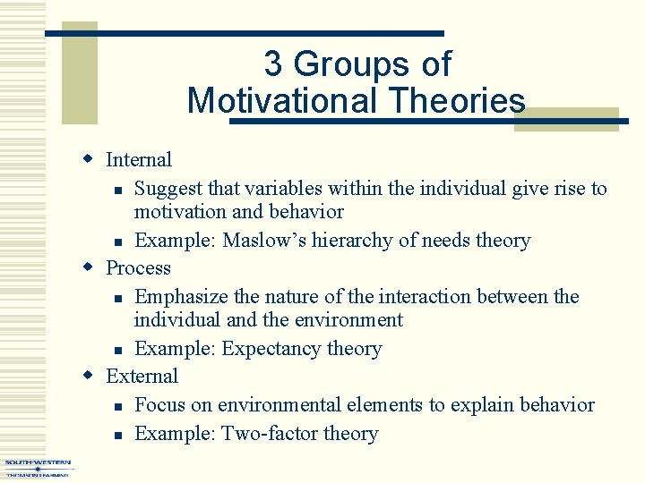 3 Groups of Motivational Theories w Internal n Suggest that variables within the individual