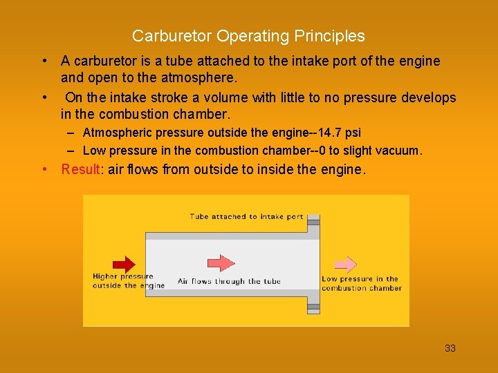 Carburetor Operating Principles • A carburetor is a tube attached to the intake port