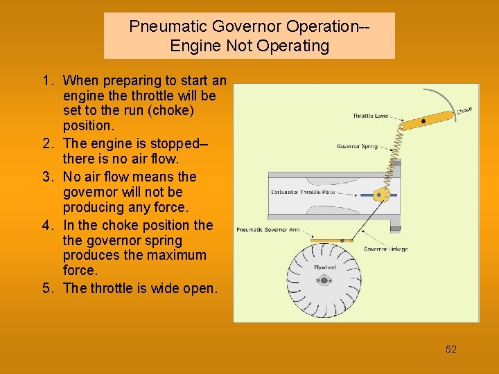 Pneumatic Governor Operation-Engine Not Operating 1. When preparing to start an engine throttle will