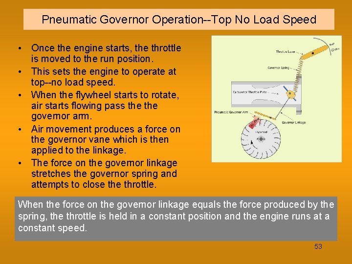 Pneumatic Governor Operation--Top No Load Speed • Once the engine starts, the throttle is