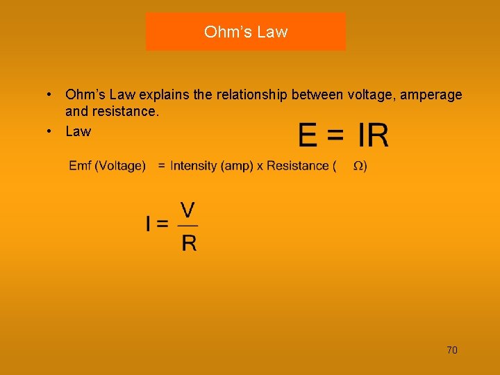 Ohm’s Law • Ohm’s Law explains the relationship between voltage, amperage and resistance. •