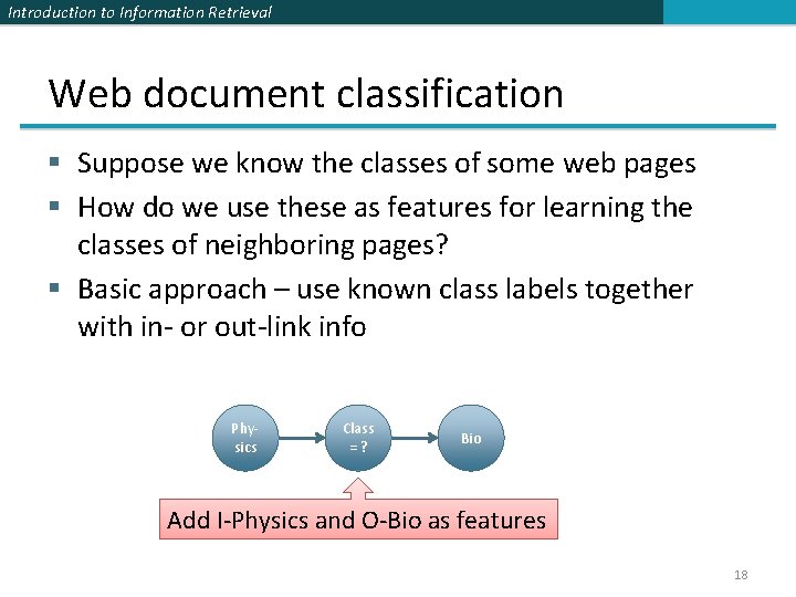 Introduction to Information Retrieval Web document classification § Suppose we know the classes of