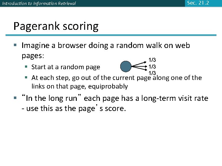 Introduction to Information Retrieval Sec. 21. 2 Pagerank scoring § Imagine a browser doing