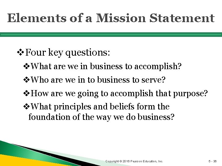 Elements of a Mission Statement v. Four key questions: v. What are we in