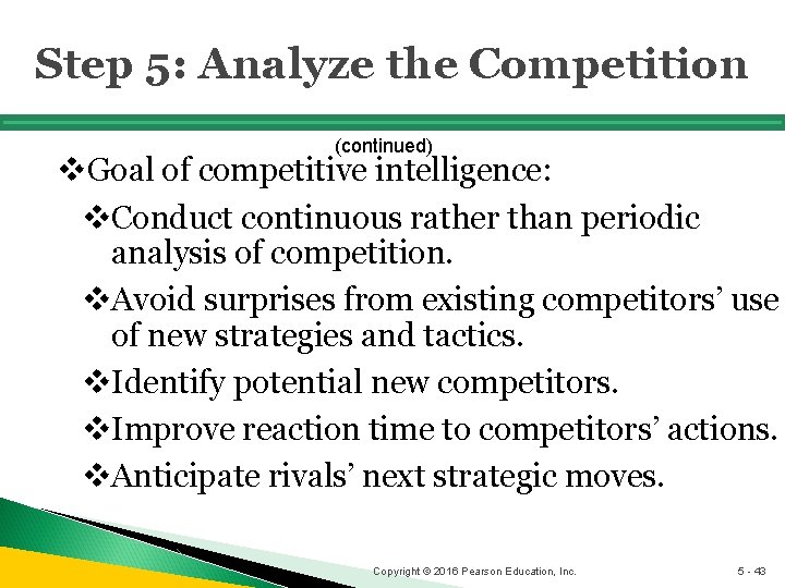 Step 5: Analyze the Competition (continued) v. Goal of competitive intelligence: v. Conduct continuous