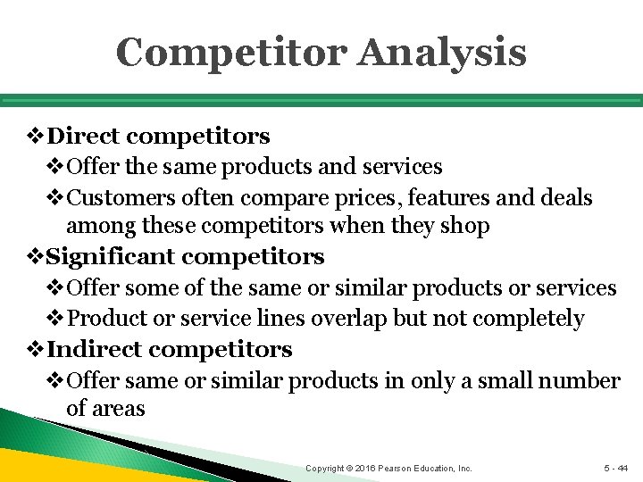 Competitor Analysis v. Direct competitors v. Offer the same products and services v. Customers