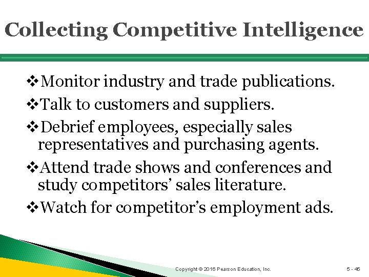 Collecting Competitive Intelligence v. Monitor industry and trade publications. v. Talk to customers and