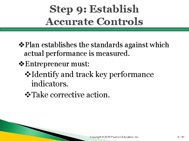 Step 9: Establish Accurate Controls v. Plan establishes the standards against which actual performance