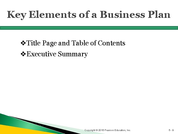 Key Elements of a Business Plan v. Title Page and Table of Contents v.