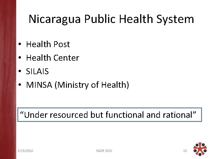 Nicaragua Public Health System • • Health Post Health Center SILAIS MINSA (Ministry of