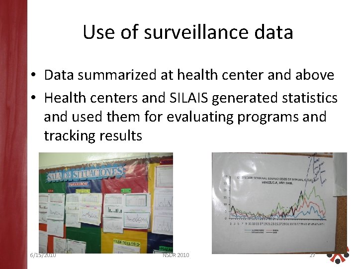 Use of surveillance data • Data summarized at health center and above • Health