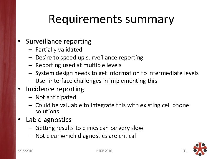 Requirements summary • Surveillance reporting – – – Partially validated Desire to speed up