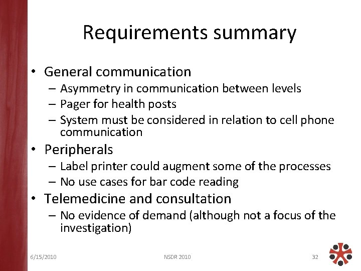 Requirements summary • General communication – Asymmetry in communication between levels – Pager for