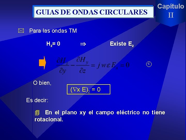 GUIAS DE ONDAS CIRCULARES Capítulo * Para las ondas TM Hz= 0 Existe Ez