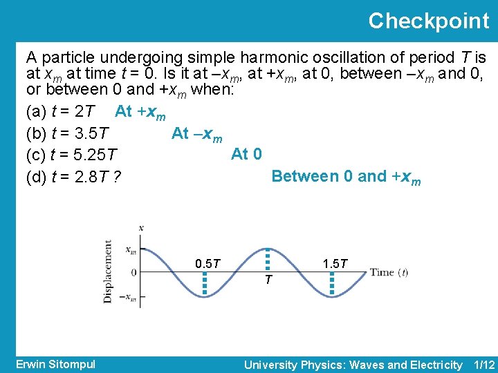 Checkpoint A particle undergoing simple harmonic oscillation of period T is at xm at