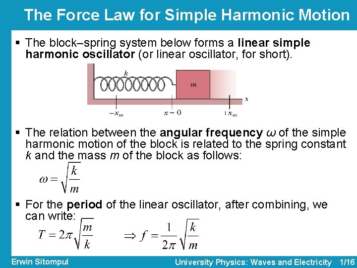 The Force Law for Simple Harmonic Motion § The block–spring system below forms a