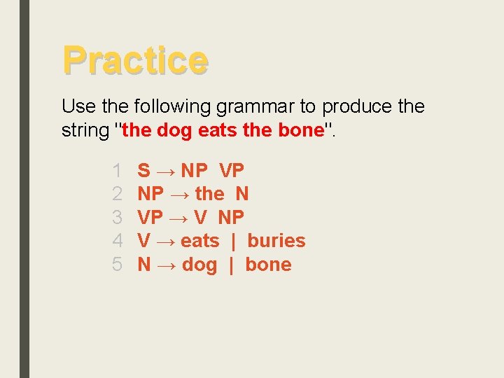 Practice Use the following grammar to produce the string "the dog eats the bone".