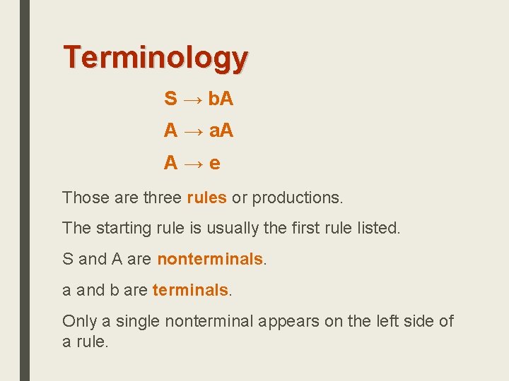 Terminology S → b. A A → a. A A→e Those are three rules