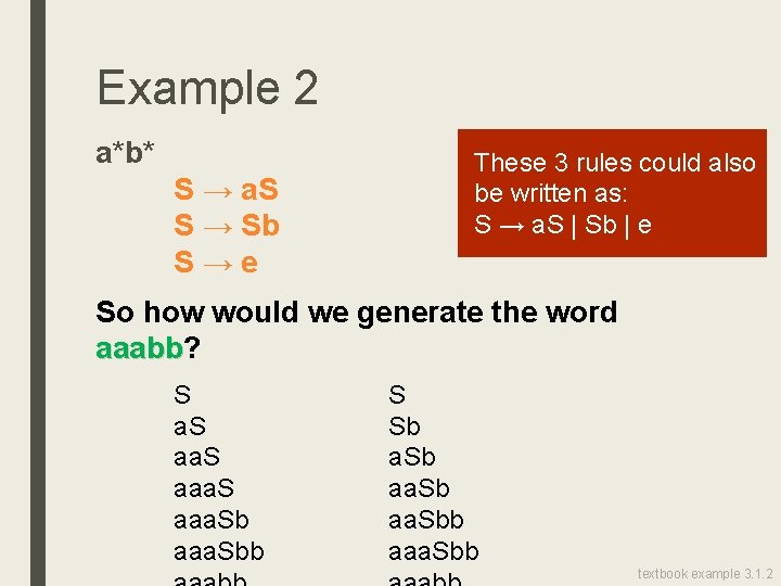 Example 2 a*b* S → a. S S → Sb S→e These 3 rules