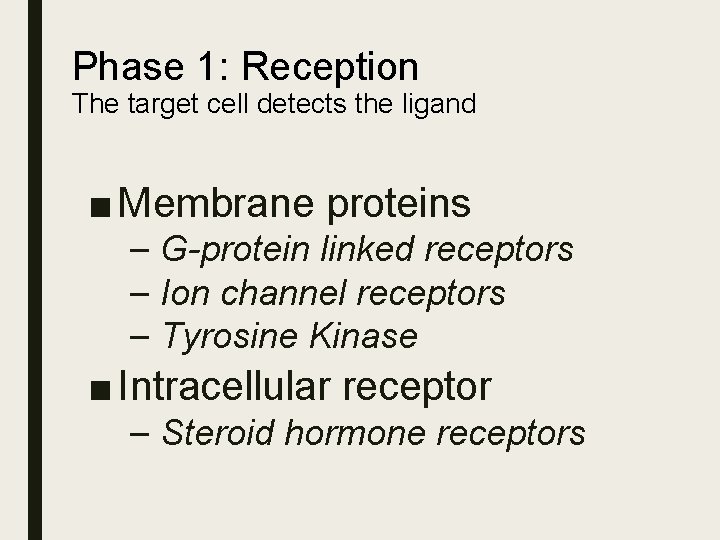 Phase 1: Reception The target cell detects the ligand ■ Membrane proteins – G-protein Phase 1: Reception The target cell detects the ligand ■ Membrane proteins – G-protein